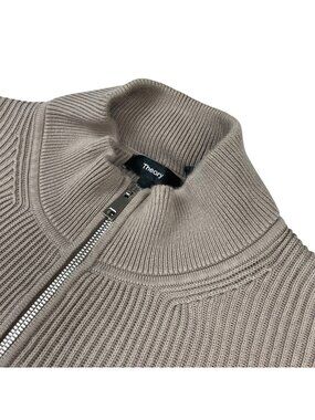Vince Men’s Cotton Blend Full Zip Mock Neck Ribbed Sweater Beige • XL